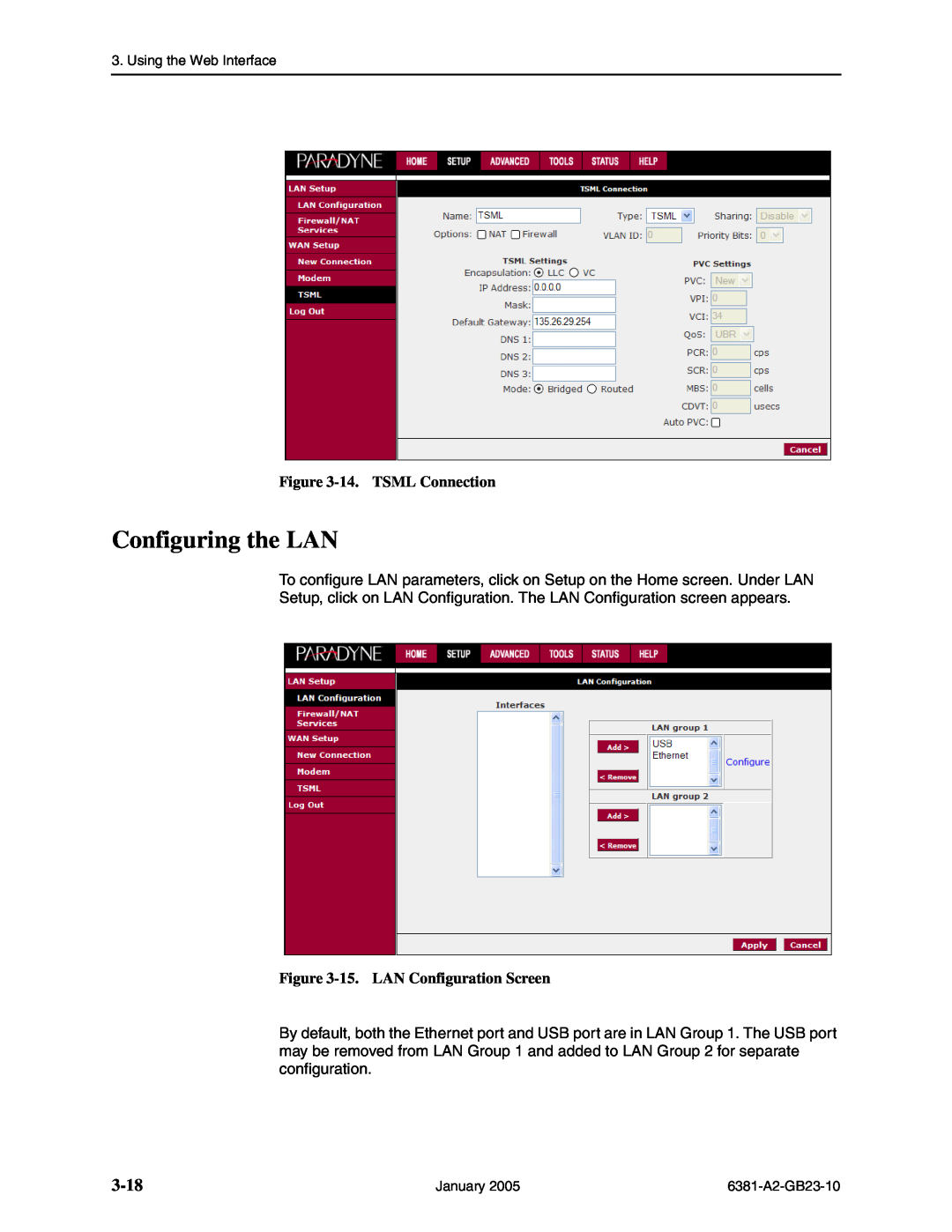 Paradyne 6381-A3 manual Configuring the LAN, 3-18, 14. TSML Connection, 15. LAN Configuration Screen 