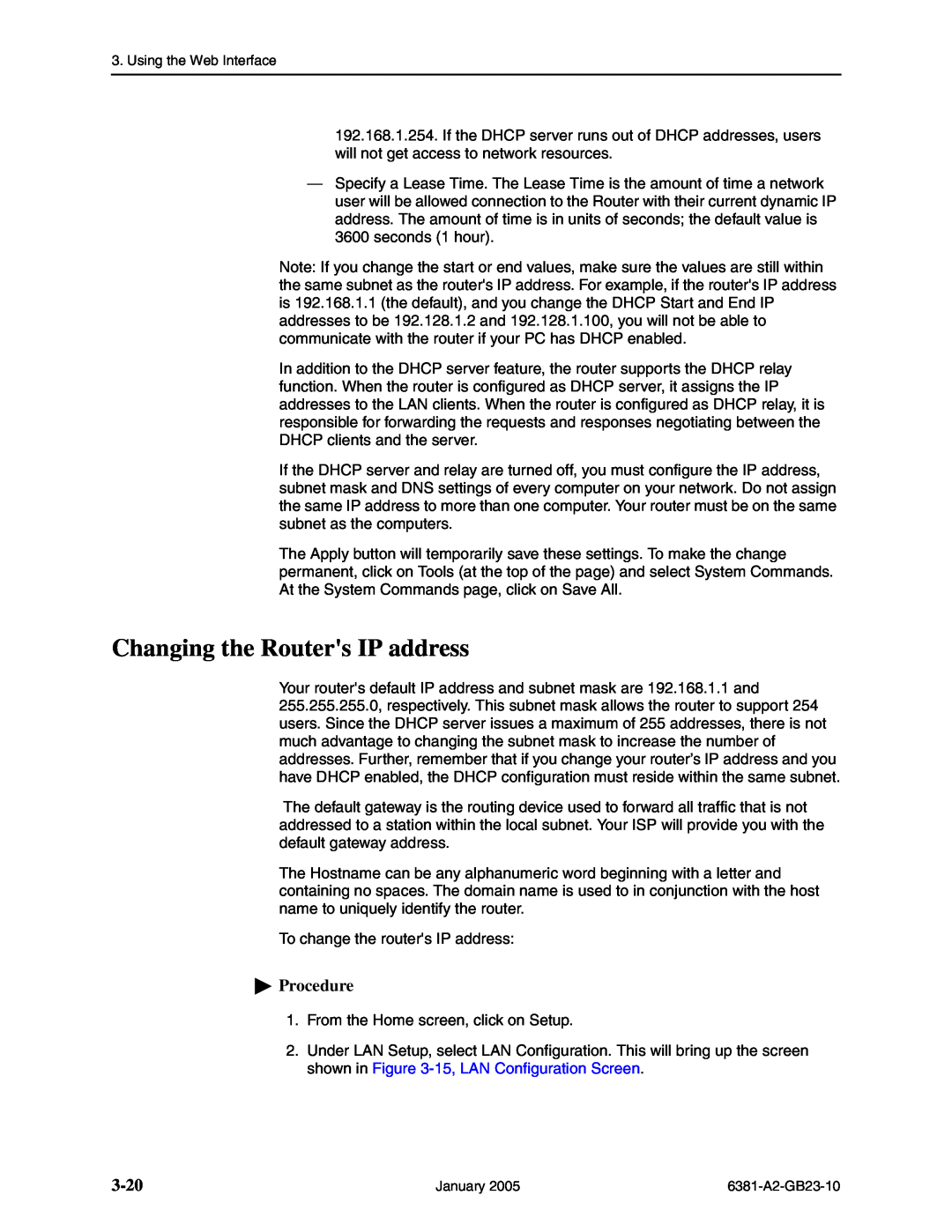 Paradyne 6381-A3 manual Changing the Routers IP address, 3-20, Procedure 
