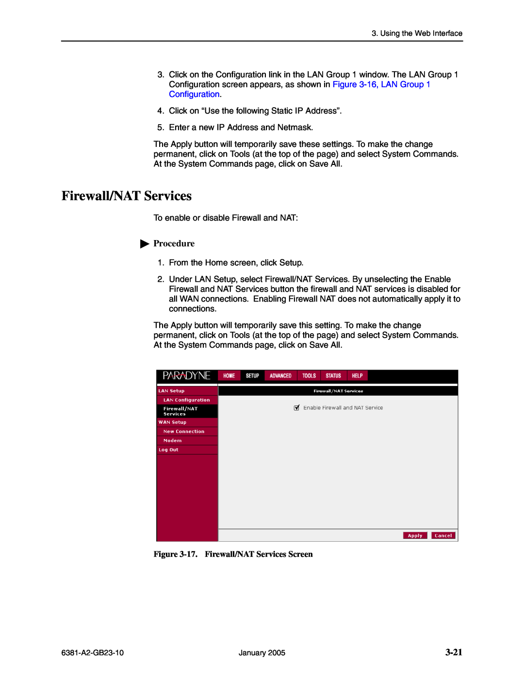 Paradyne 6381-A3 manual 3-21, 17. Firewall/NAT Services Screen, Procedure 