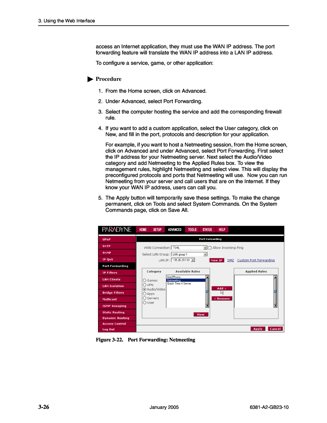 Paradyne 6381-A3 manual 3-26, 22. Port Forwarding Netmeeting, Procedure 