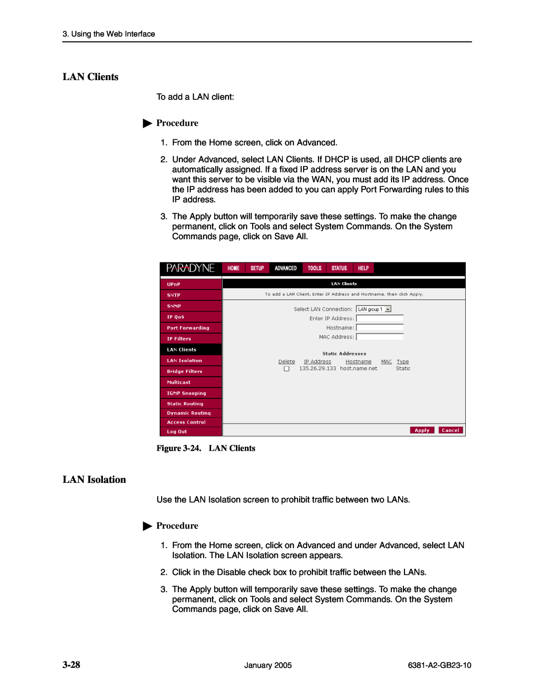 Paradyne 6381-A3 manual LAN Isolation, 3-28, 24. LAN Clients, Procedure 