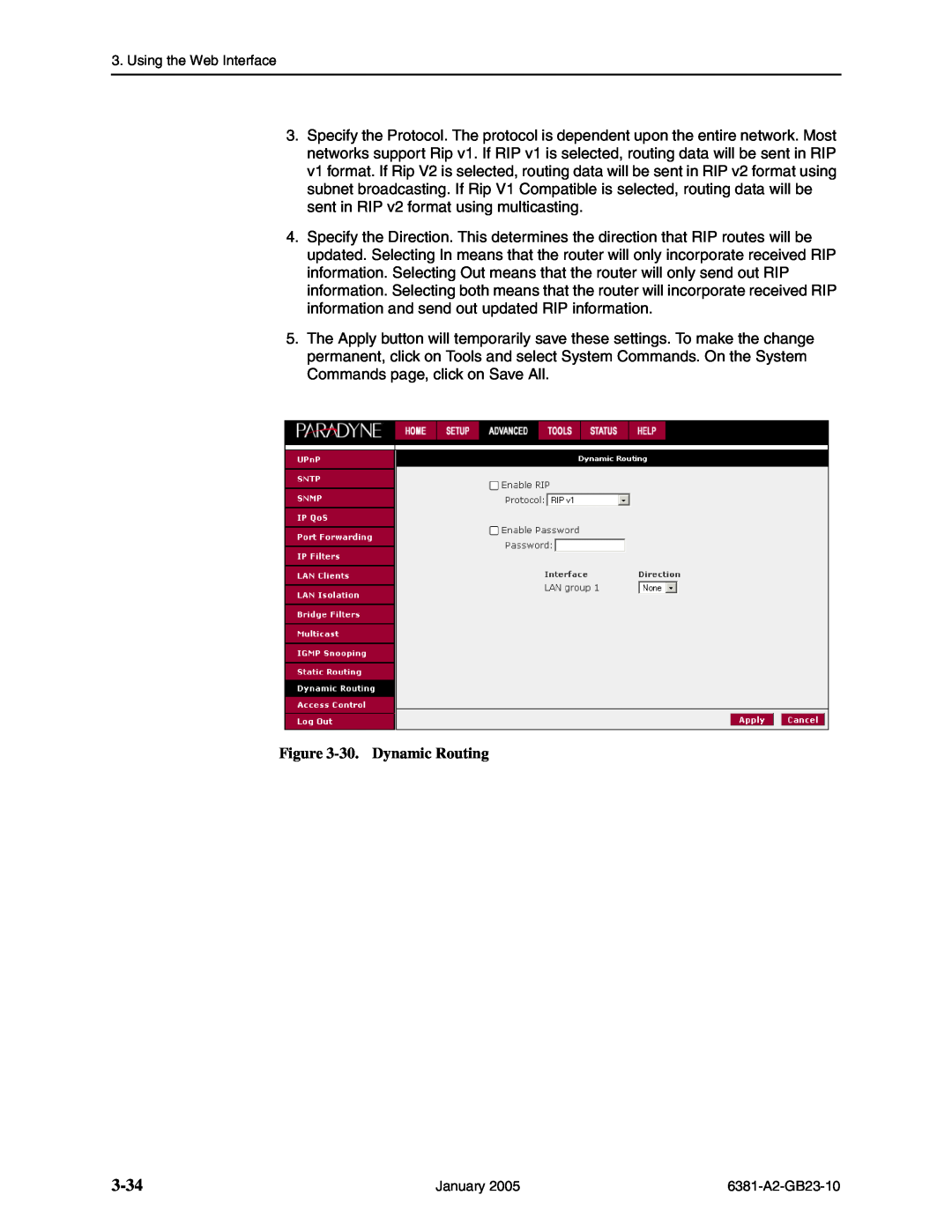 Paradyne 6381-A3 manual 3-34, 30. Dynamic Routing, Using the Web Interface, January 