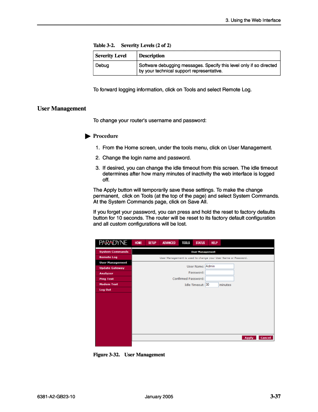 Paradyne 6381-A3 manual 3-37, 2. Severity Levels 2 of, 32. User Management, Procedure, Description 