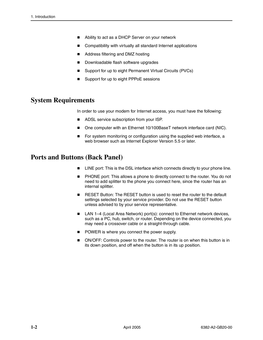 Paradyne 6382 manual System Requirements, Ports and Buttons Back Panel 