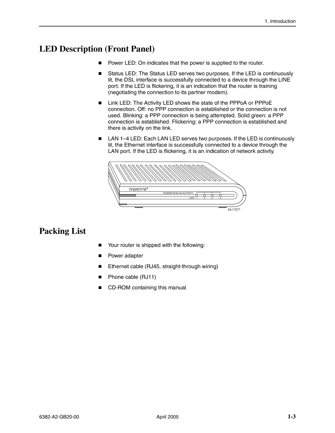 Paradyne 6382 manual LED Description Front Panel, Packing List 