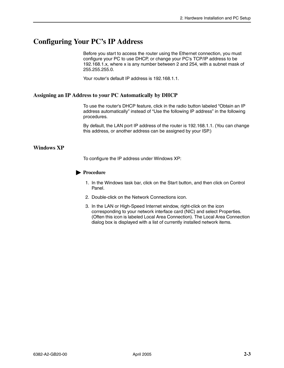 Paradyne 6382 manual Configuring Your PC’s IP Address, Assigning an IP Address to your PC Automatically by Dhcp, Windows XP 
