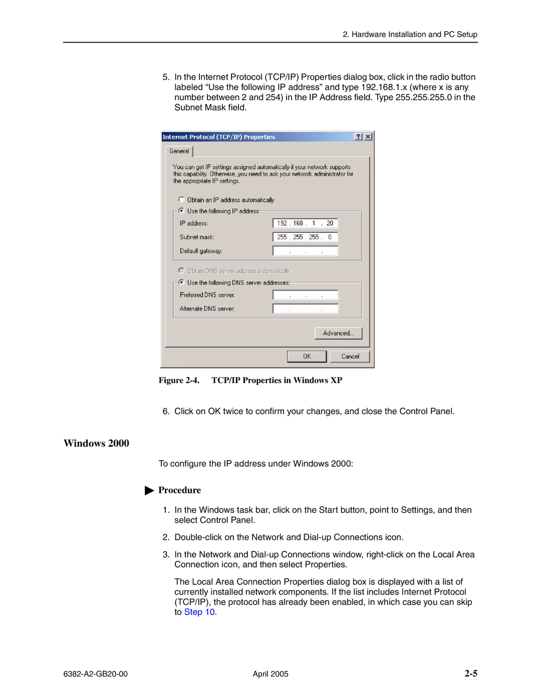 Paradyne 6382 manual TCP/IP Properties in Windows XP 