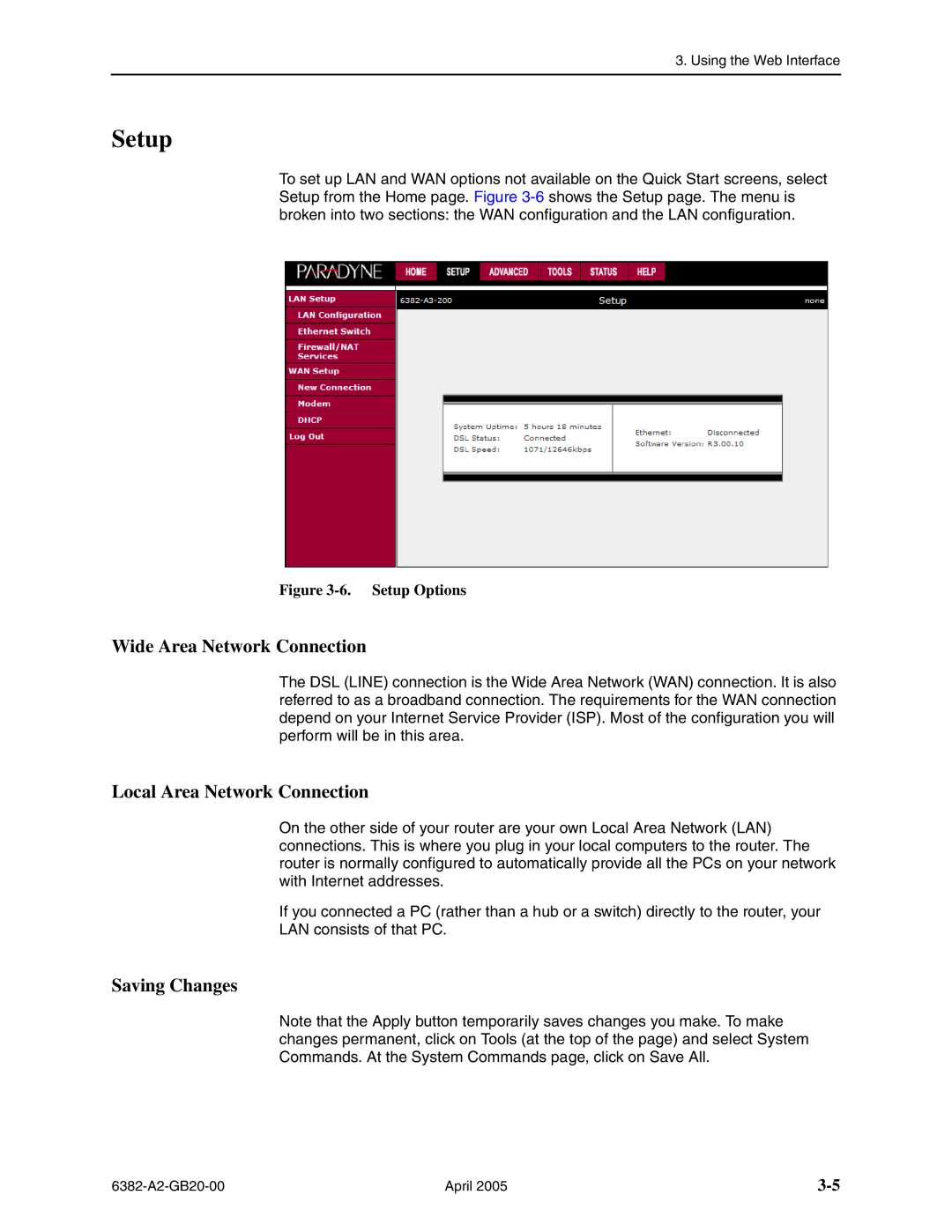 Paradyne 6382 manual Setup, Wide Area Network Connection, Local Area Network Connection, Saving Changes 