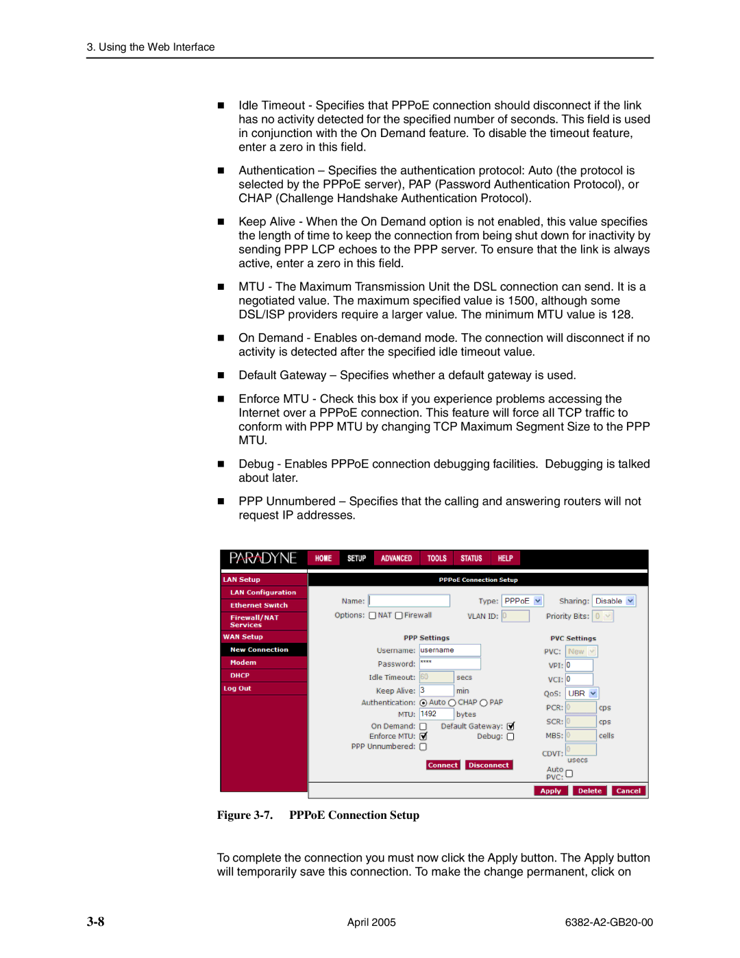 Paradyne 6382 manual PPPoE Connection Setup 