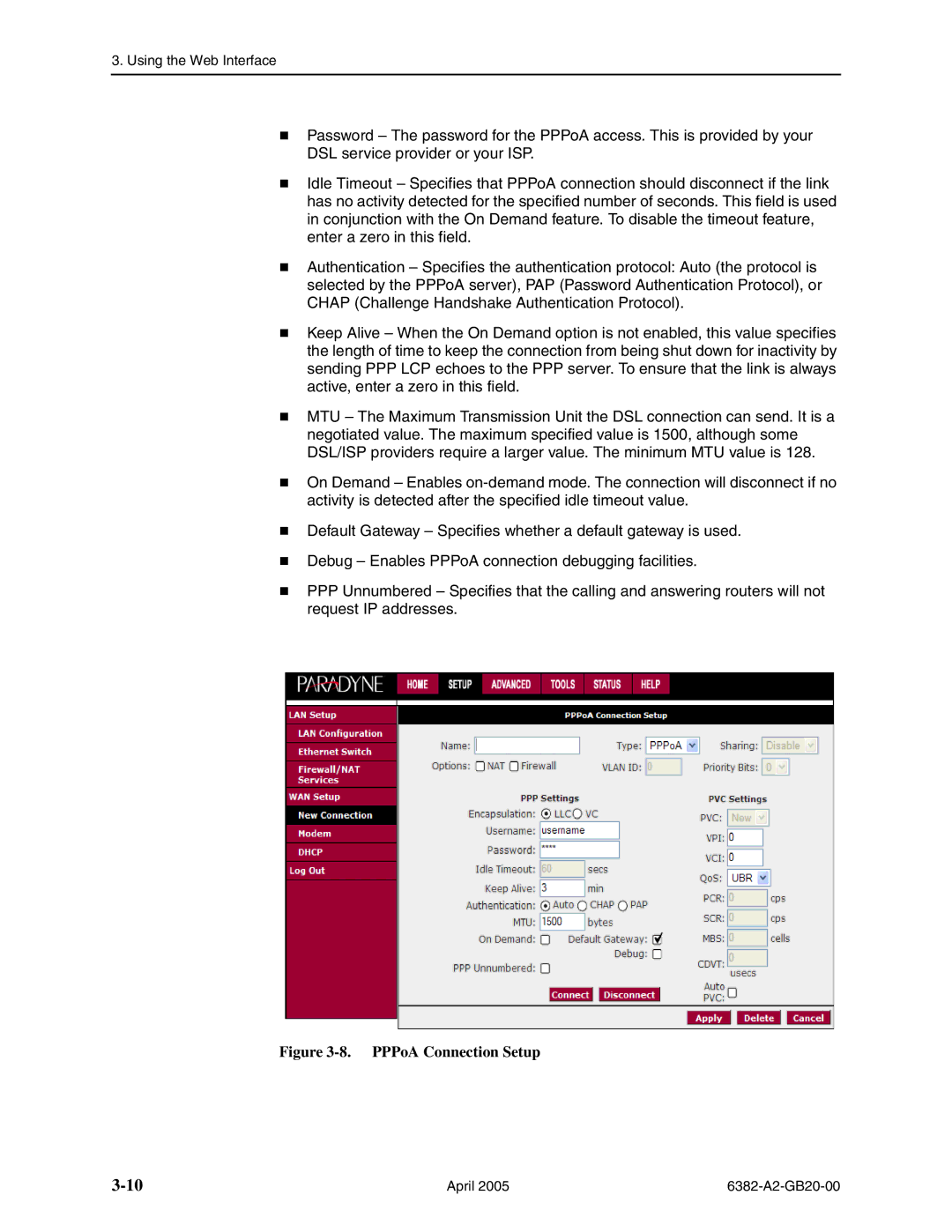 Paradyne 6382 manual PPPoA Connection Setup 