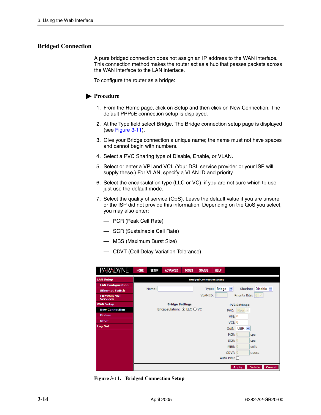 Paradyne 6382 manual Bridged Connection Setup 