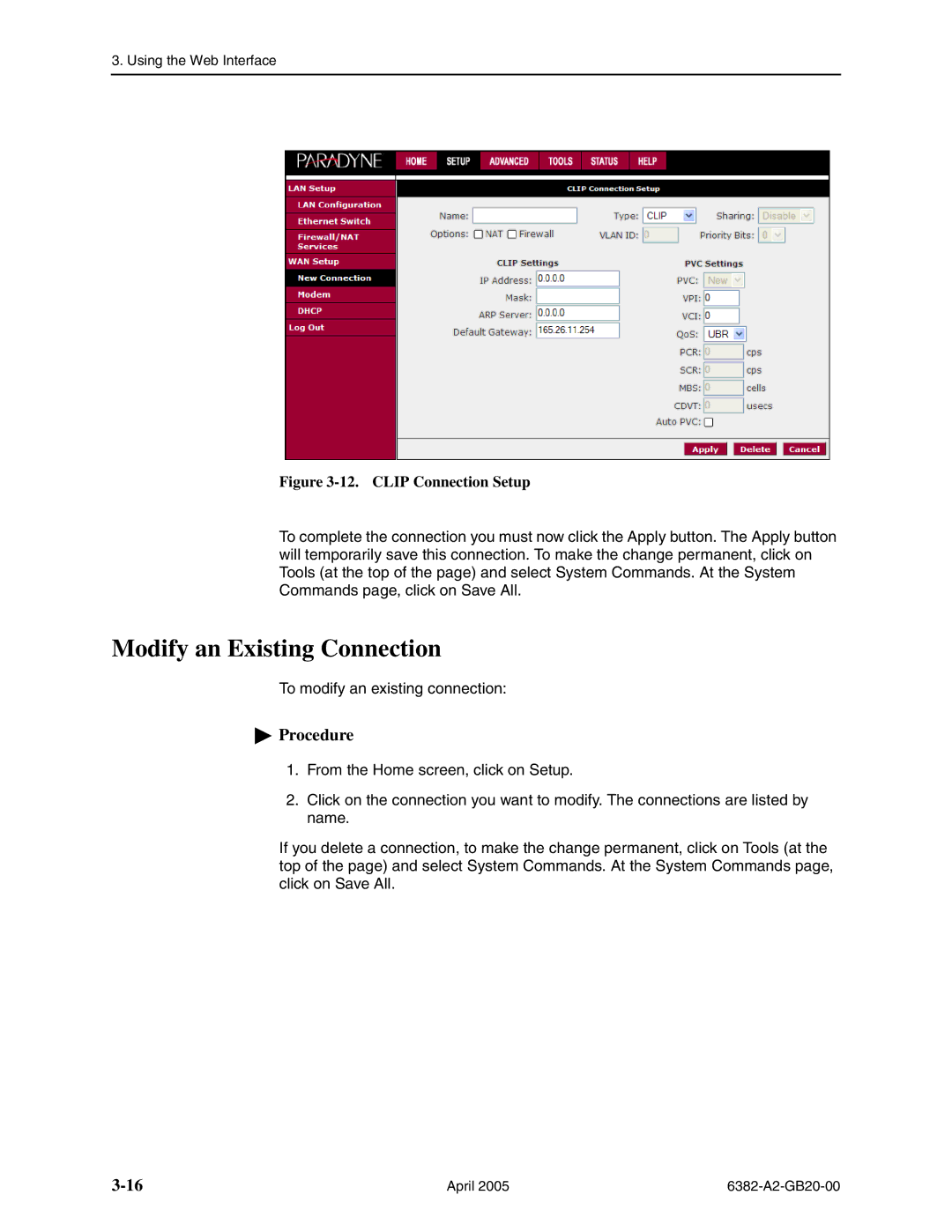 Paradyne 6382 manual Modify an Existing Connection, Clip Connection Setup 