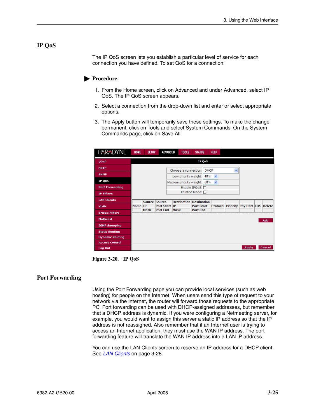 Paradyne 6382 manual IP QoS, Port Forwarding 