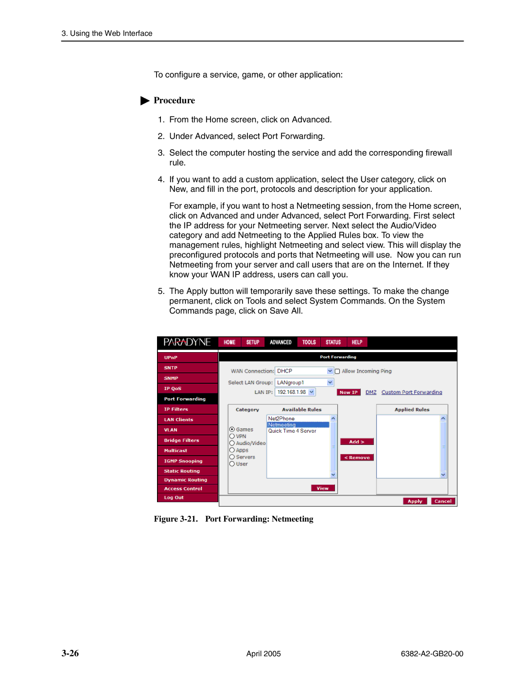 Paradyne 6382 manual Port Forwarding Netmeeting 