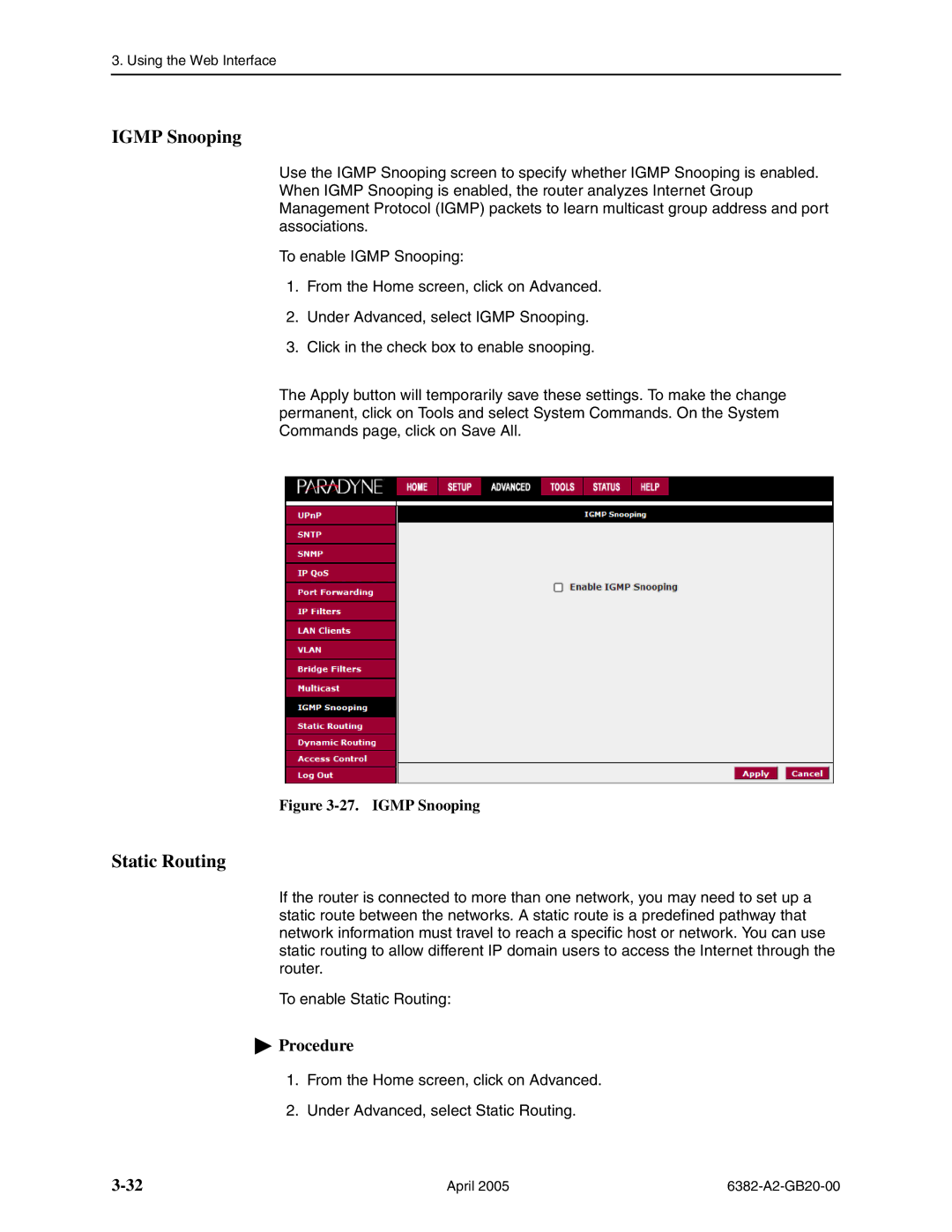 Paradyne 6382 manual Igmp Snooping, Static Routing 