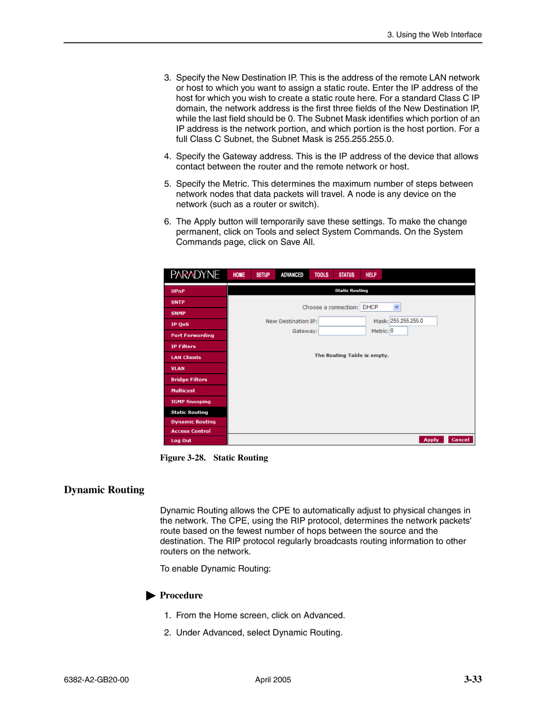 Paradyne 6382 manual Dynamic Routing, Static Routing 