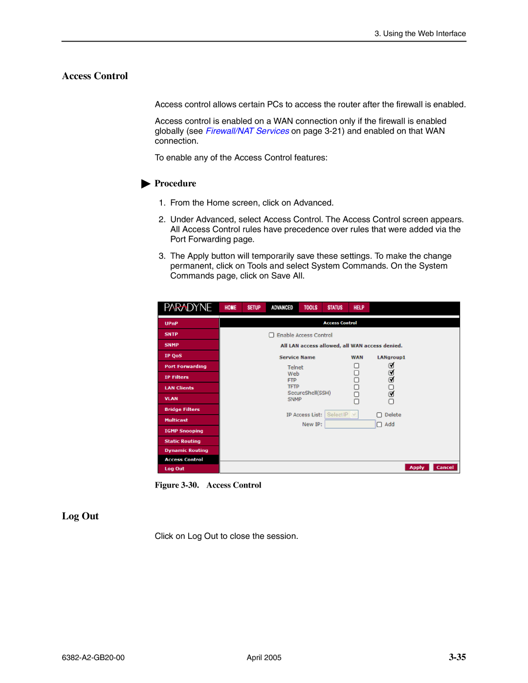 Paradyne 6382 manual Access Control, Log Out 