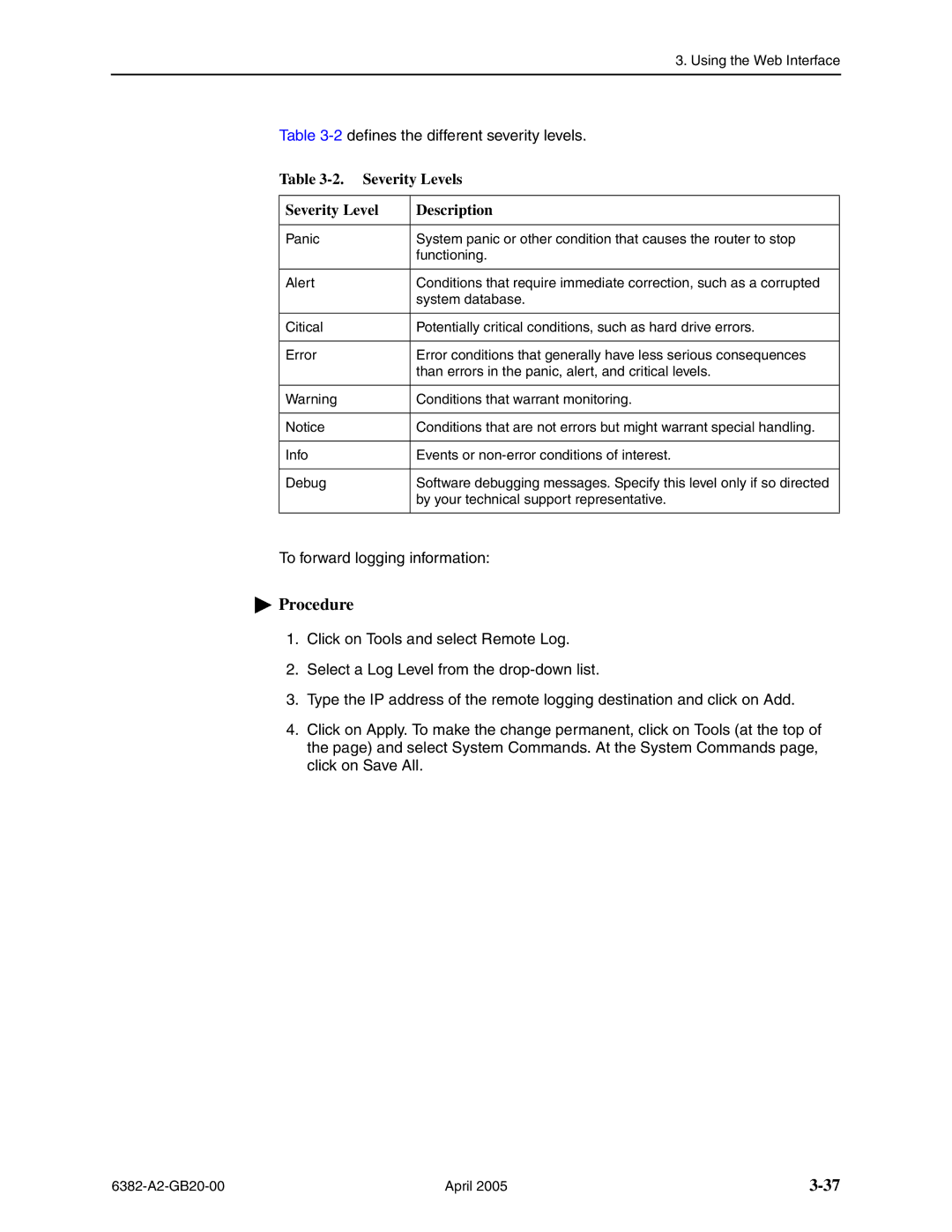 Paradyne 6382 manual Severity Levels Description 