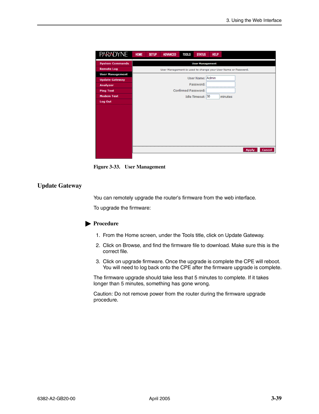 Paradyne 6382 manual Update Gateway, User Management 