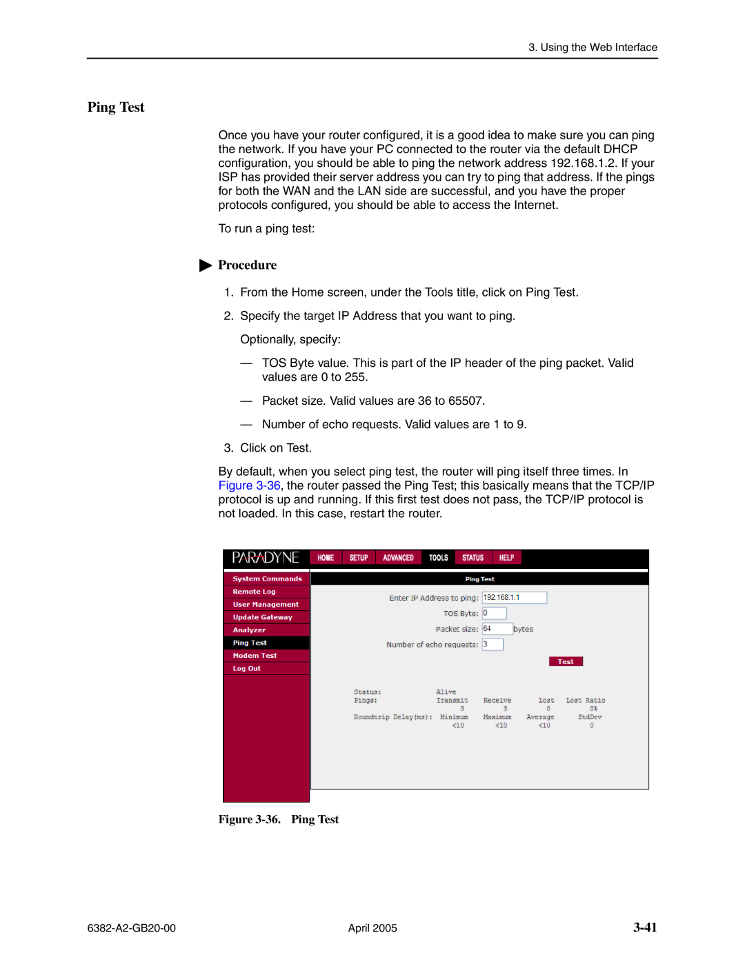Paradyne 6382 manual Ping Test 