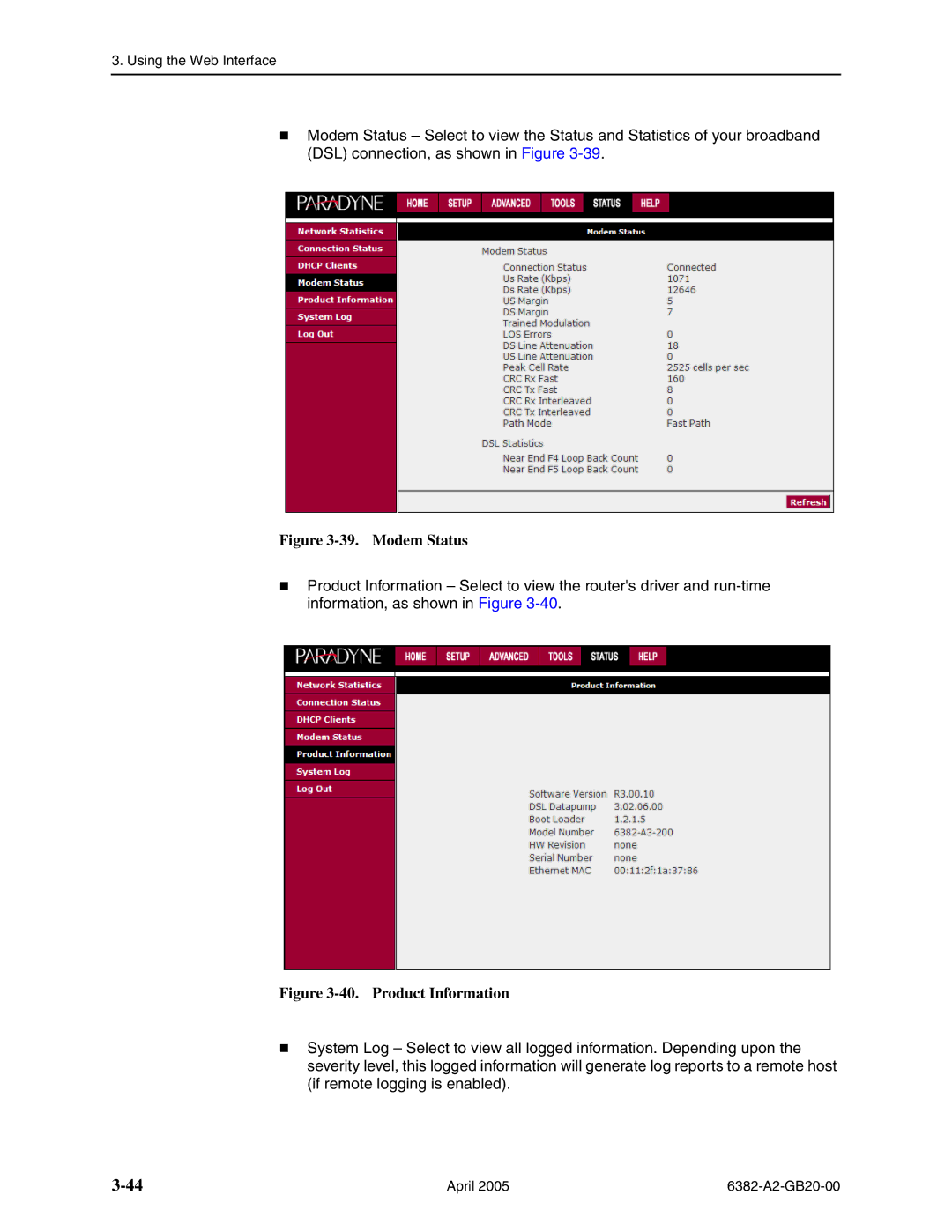 Paradyne 6382 manual Modem Status 