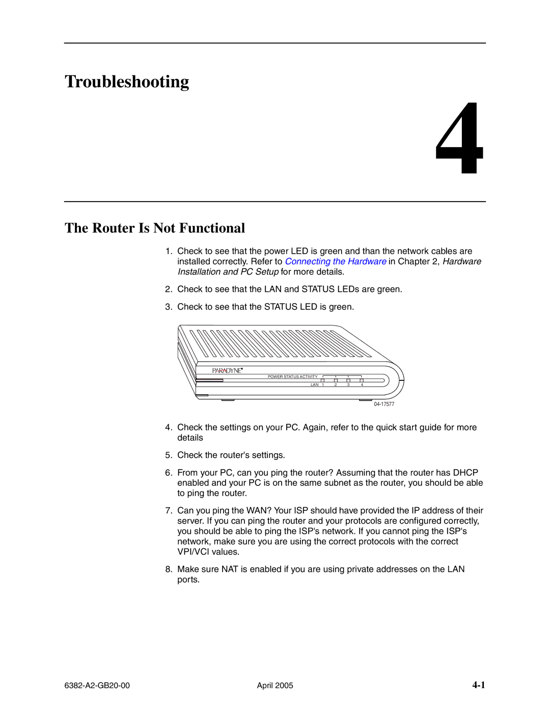 Paradyne 6382 manual Troubleshooting, Router Is Not Functional 