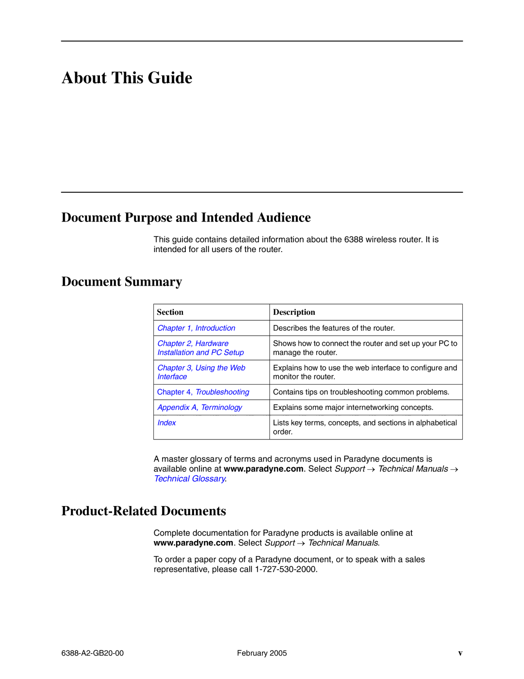 Paradyne 6388 manual Document Purpose and Intended Audience, Document Summary, Product-Related Documents 