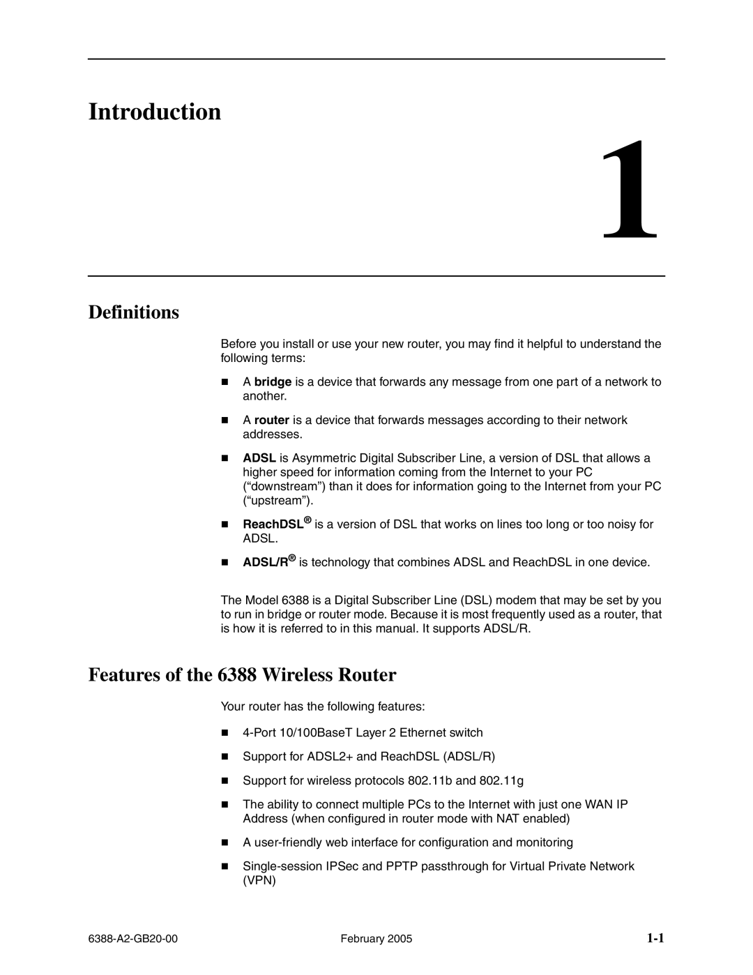 Paradyne manual Definitions, Features of the 6388 Wireless Router 