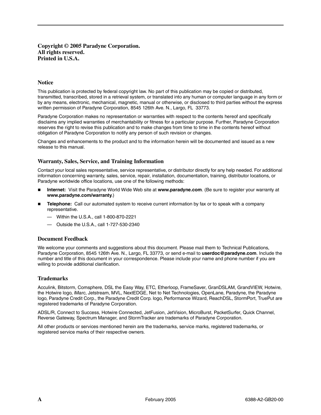 Paradyne 6388 manual Copyright 2005 Paradyne Corporation All rights reserved 