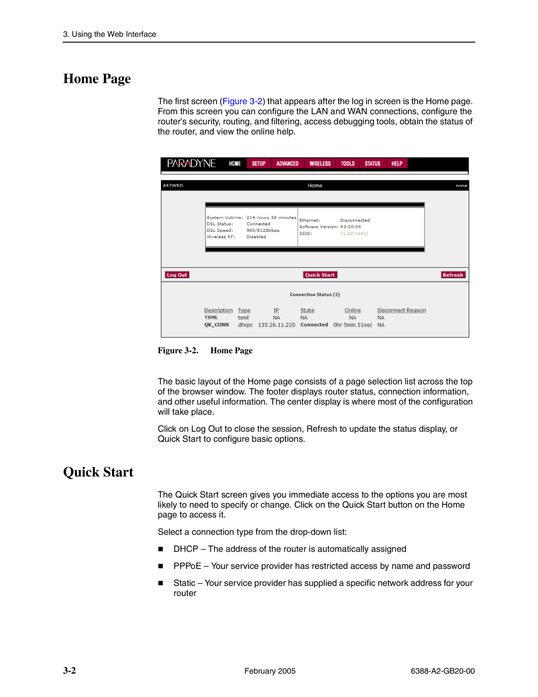 Paradyne 6388 manual Home, Quick Start 