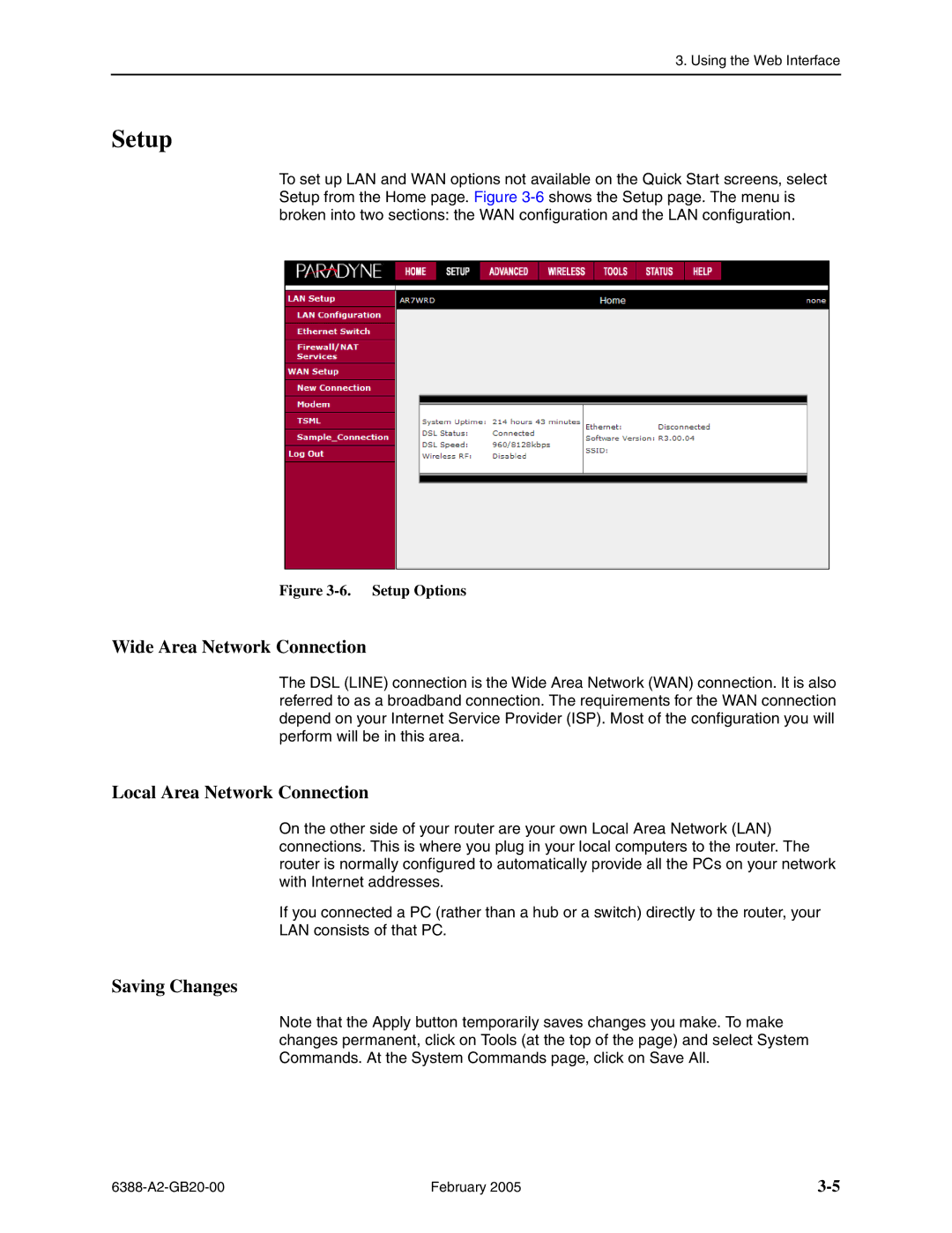 Paradyne 6388 manual Setup, Wide Area Network Connection, Local Area Network Connection, Saving Changes 