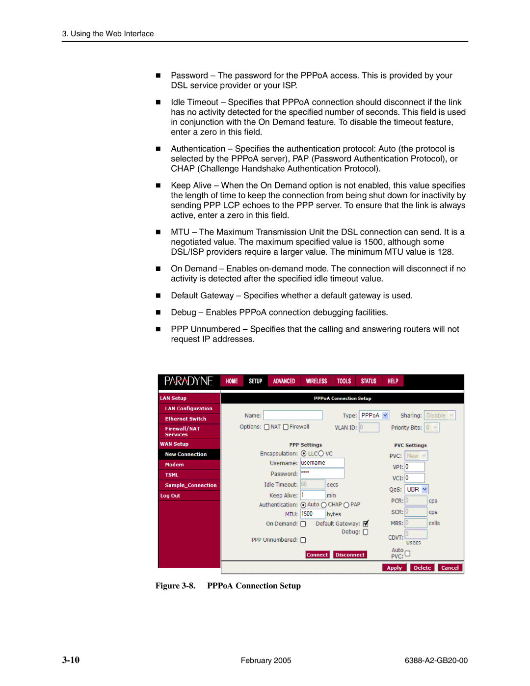 Paradyne 6388 manual PPPoA Connection Setup 