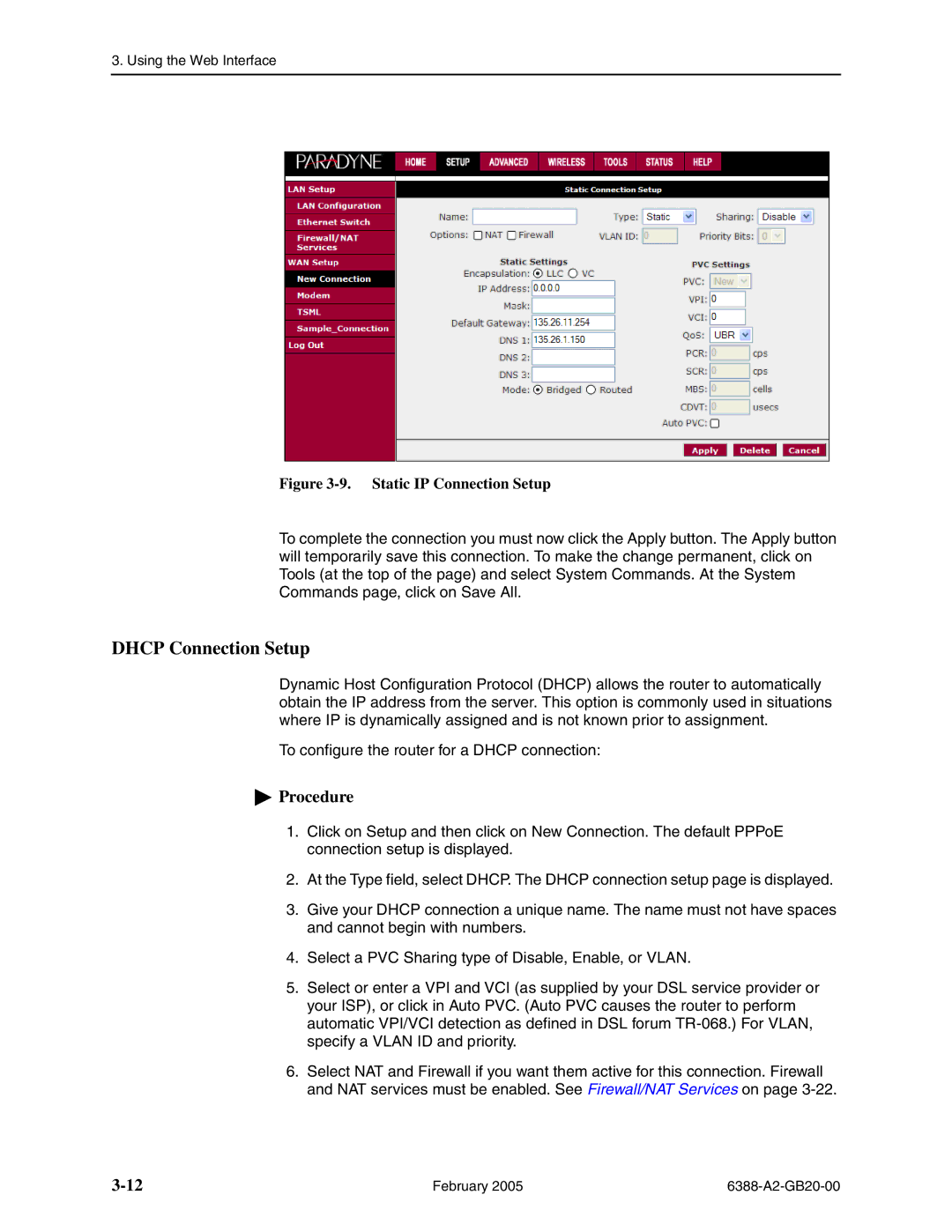 Paradyne 6388 manual Dhcp Connection Setup, Static IP Connection Setup 