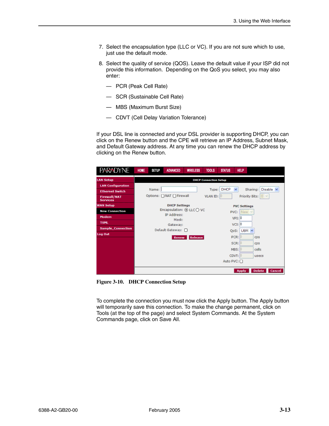 Paradyne 6388 manual Dhcp Connection Setup 