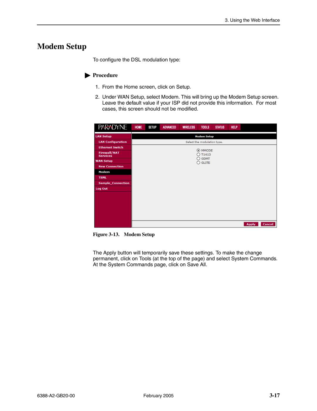 Paradyne 6388 manual Modem Setup 