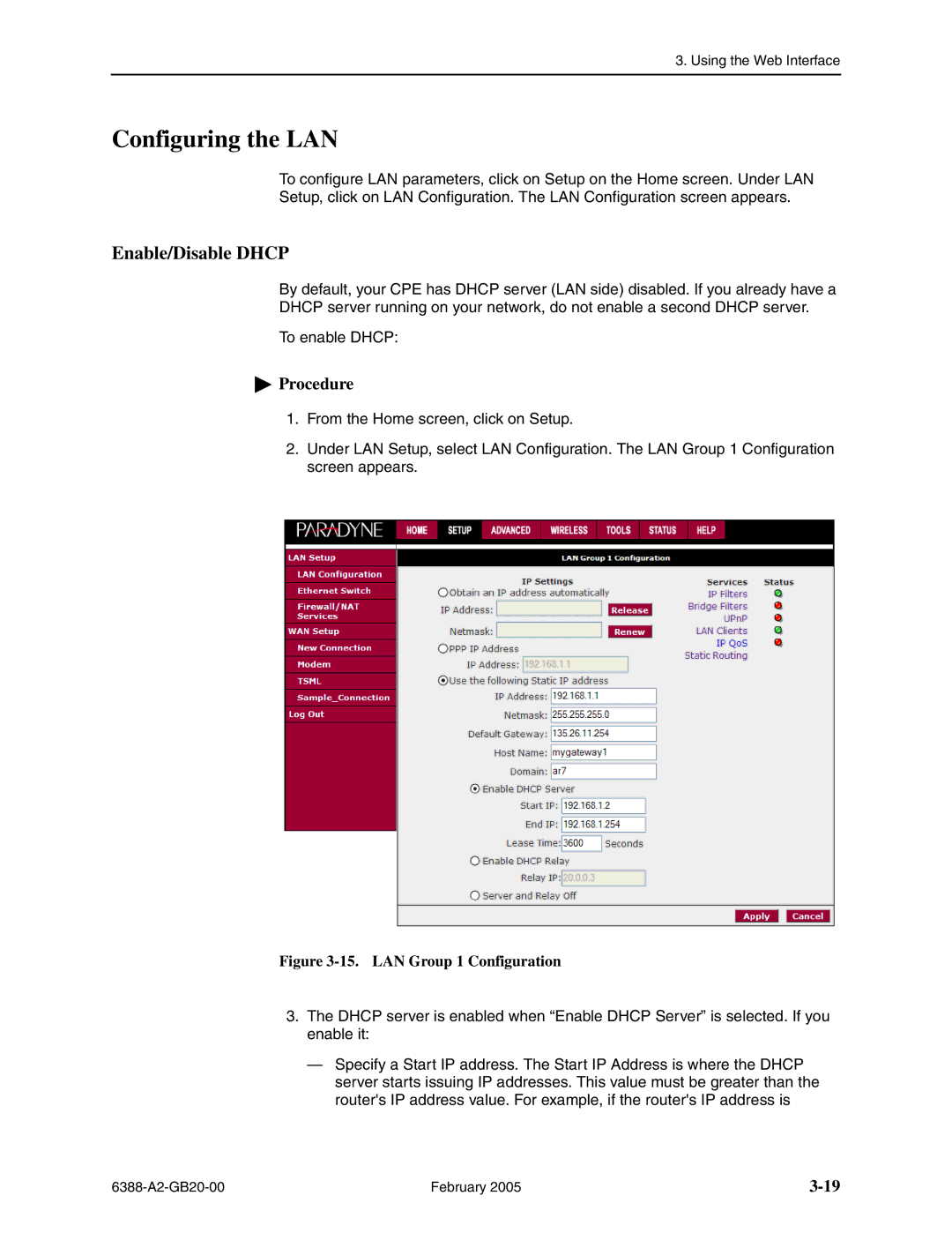 Paradyne 6388 manual Configuring the LAN, Enable/Disable Dhcp 