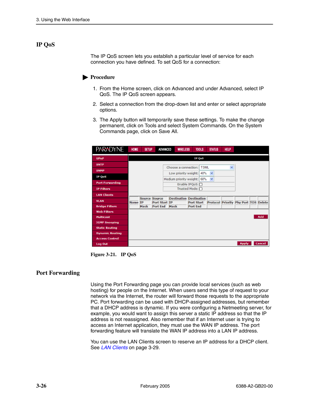 Paradyne 6388 manual IP QoS, Port Forwarding 