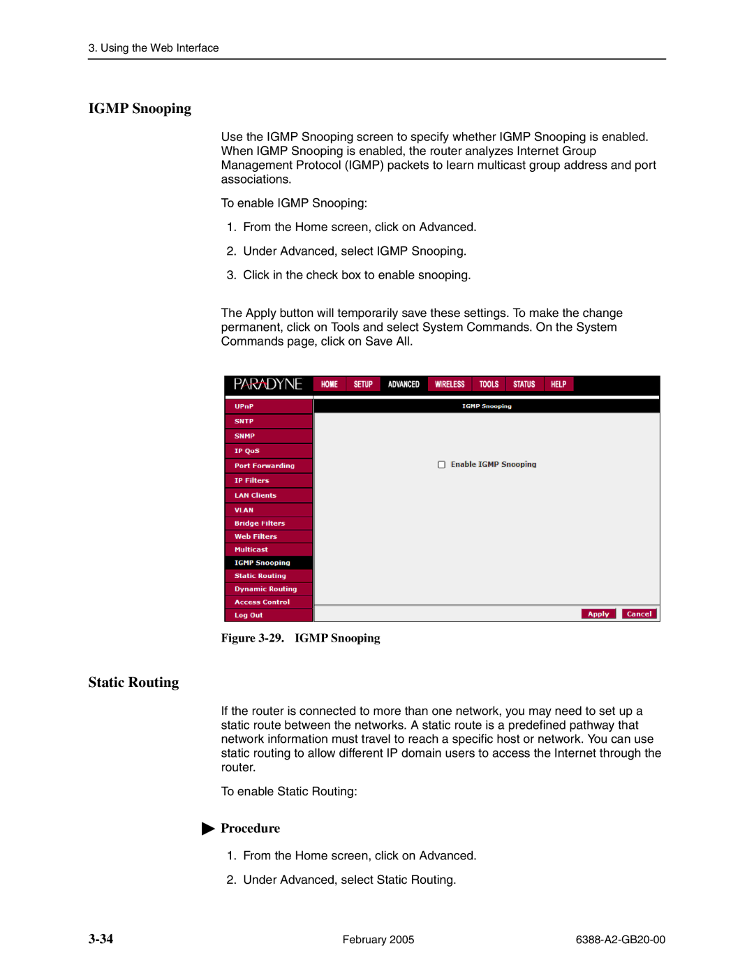 Paradyne 6388 manual Igmp Snooping, Static Routing 