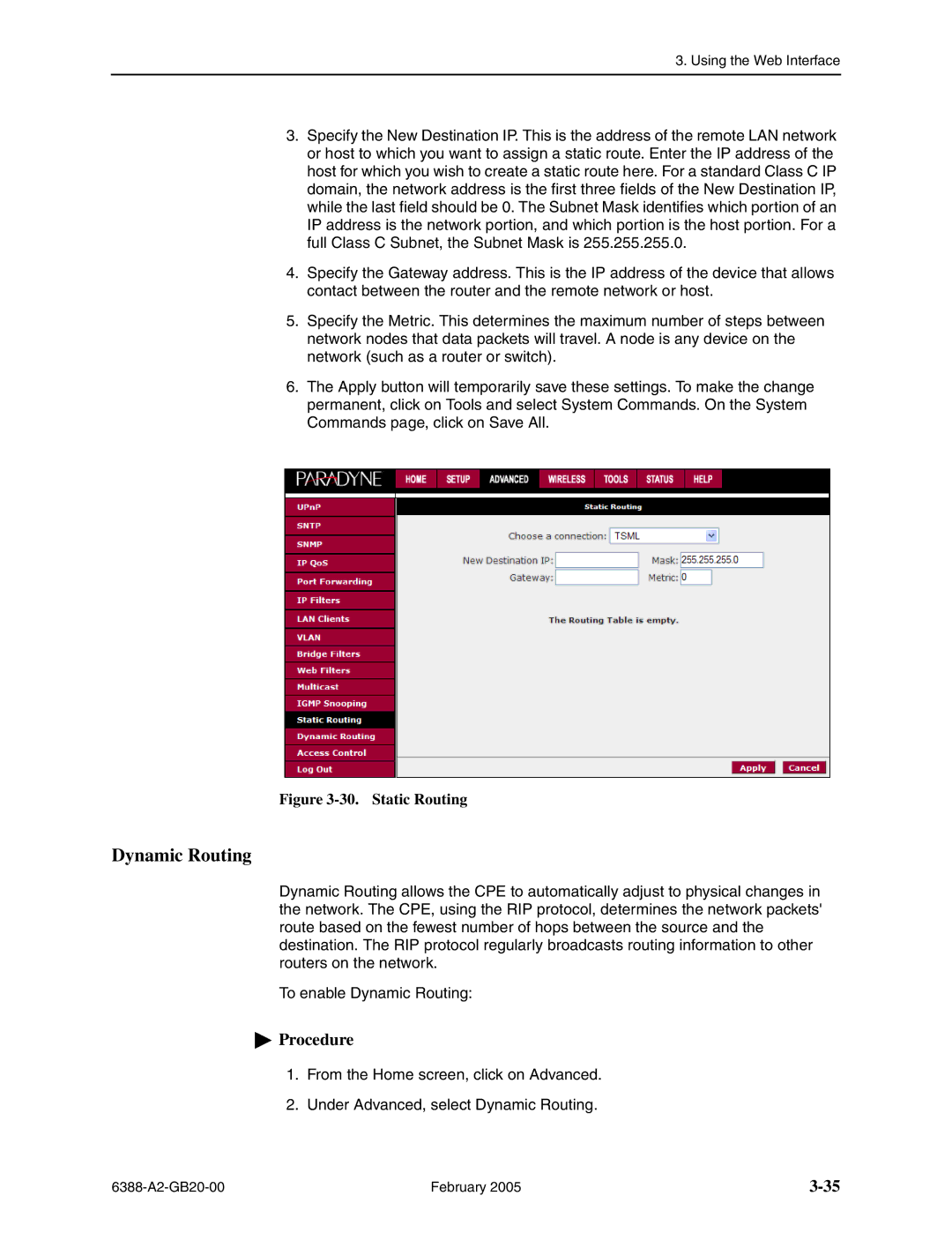 Paradyne 6388 manual Dynamic Routing, Static Routing 