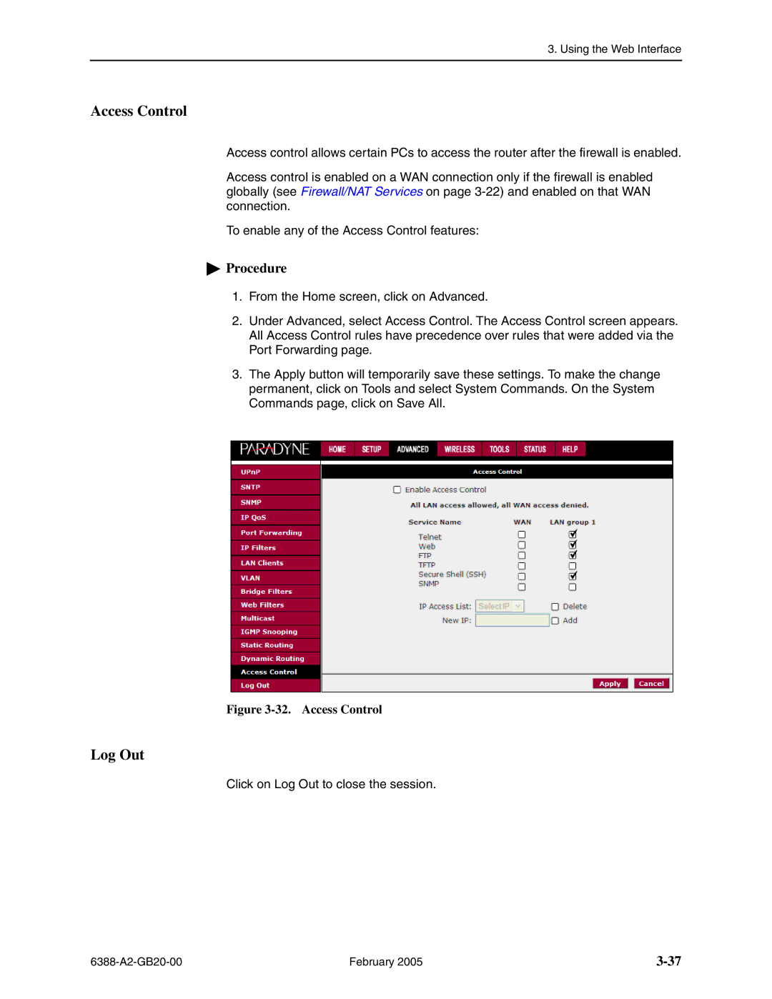 Paradyne 6388 manual Access Control, Log Out 