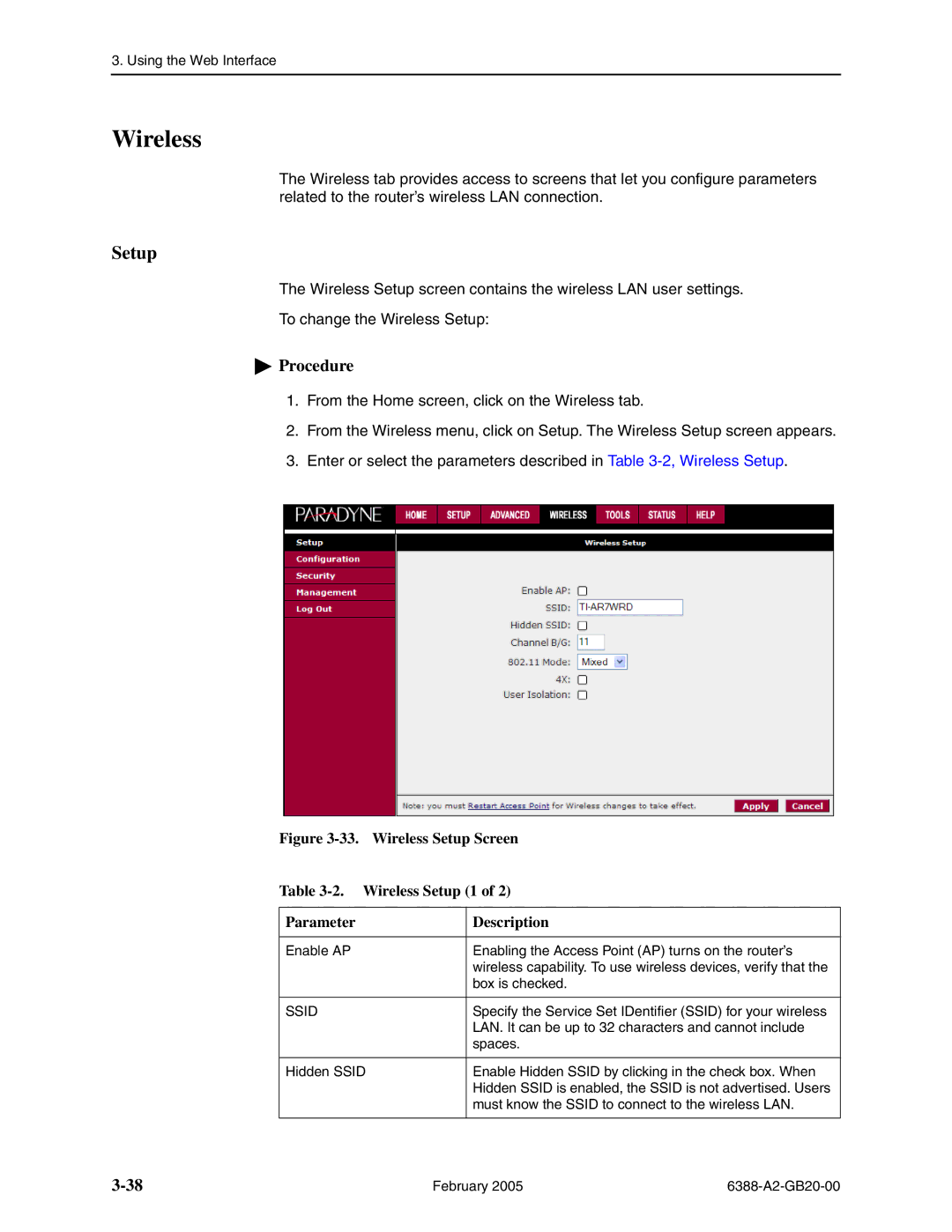 Paradyne 6388 manual Wireless, Setup 