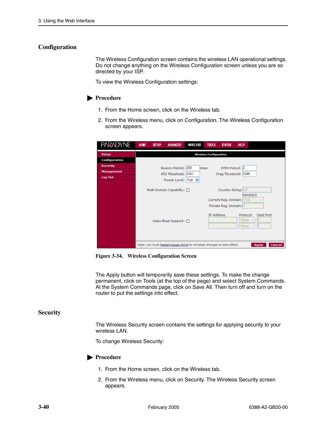 Paradyne 6388 manual Configuration, Security 