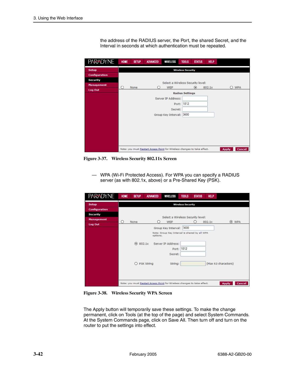 Paradyne 6388 manual Wireless Security 802.11x Screen 