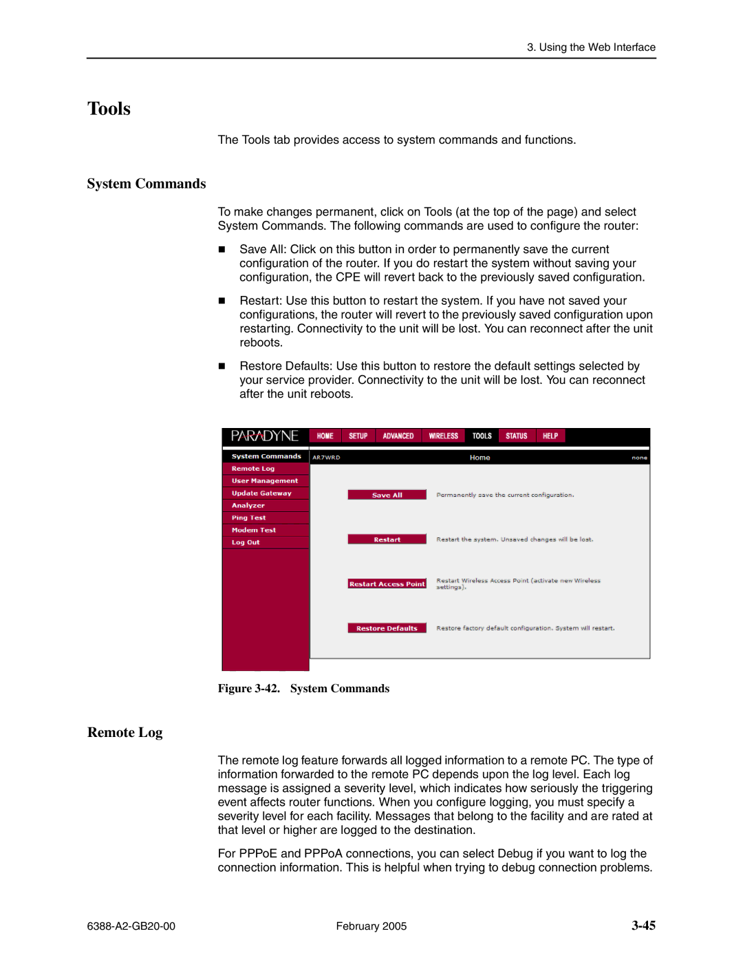 Paradyne 6388 manual Tools, System Commands, Remote Log 