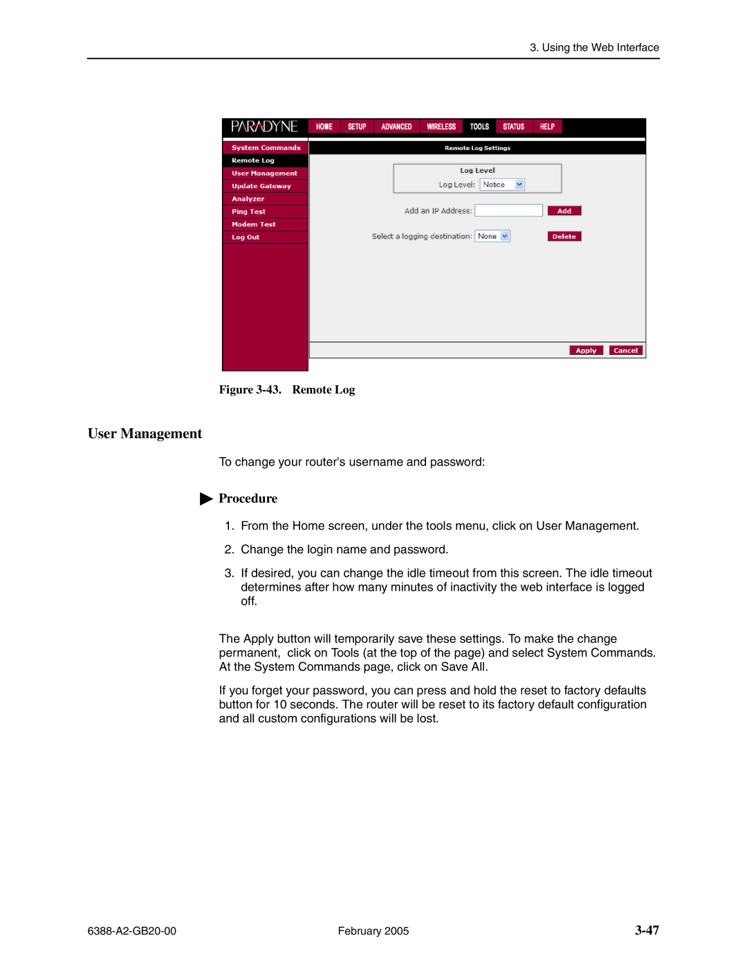 Paradyne 6388 manual User Management, Remote Log 