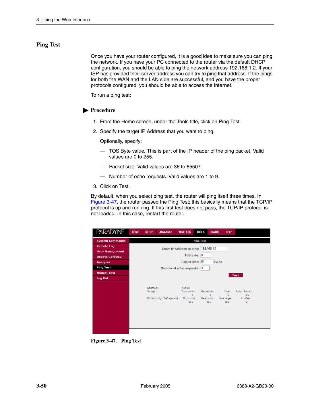 Paradyne 6388 manual Ping Test 