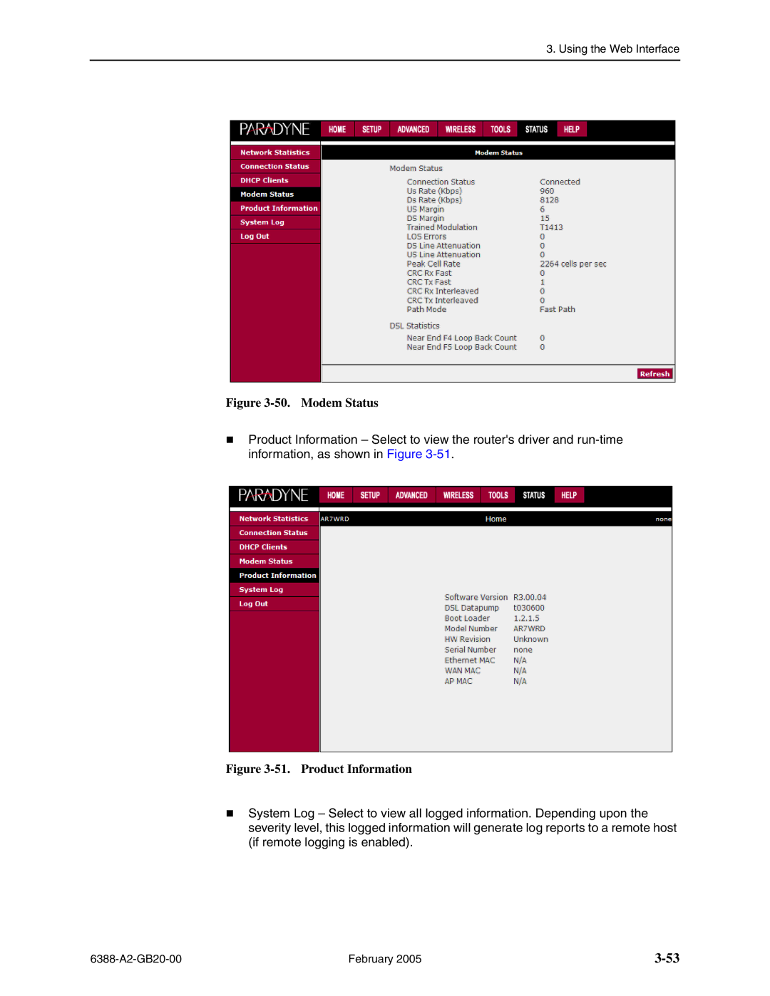 Paradyne 6388 manual Modem Status 