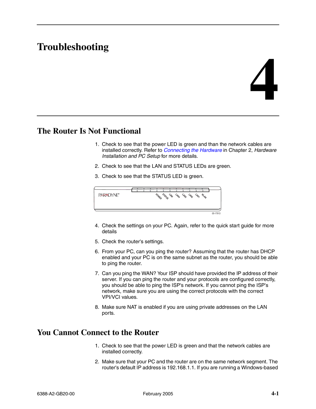 Paradyne 6388 manual Router Is Not Functional, You Cannot Connect to the Router 