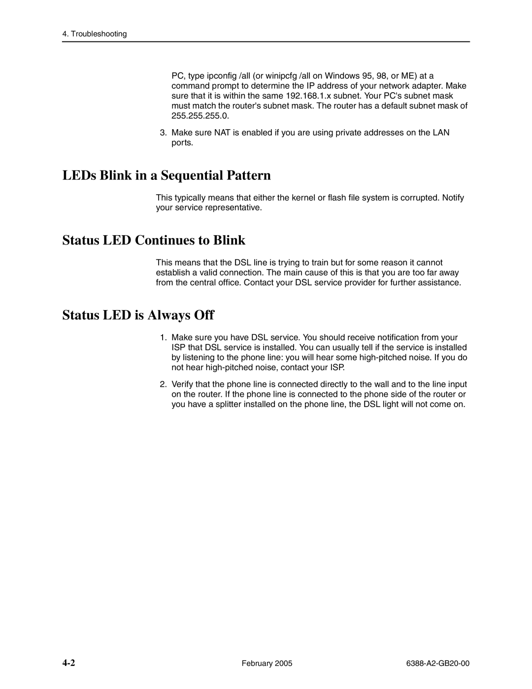 Paradyne 6388 manual LEDs Blink in a Sequential Pattern, Status LED Continues to Blink, Status LED is Always Off 