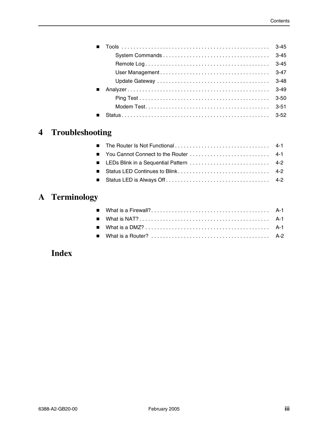 Paradyne 6388 manual Troubleshooting, Terminology, Index 